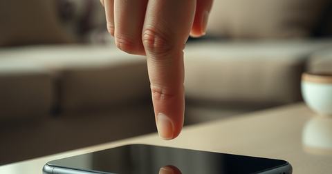 Vinger boven een smartphone met een zwart scherm op een tafel