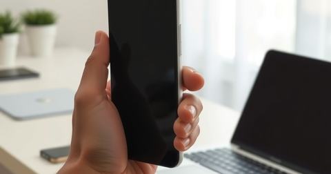 Hand met een smartphone van achteren naast een laptop op een bureau