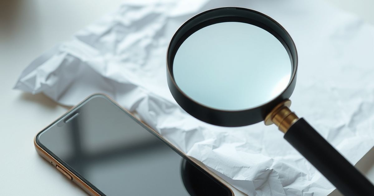 Vergrootglas boven een gekreukeld wit vel papier naast een smartphone