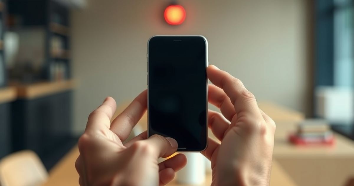 Twee handen geven een smartphone aan elkaar over, met een rood waarschuwingslicht op de achtergrond